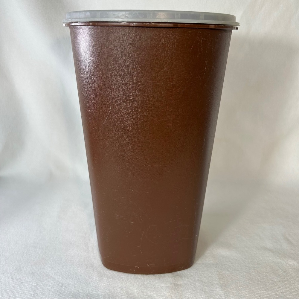 Vintage Brown Tupperware Canister with Translucent Lid White Emblem 10 in Tall - Picture 8 of 13